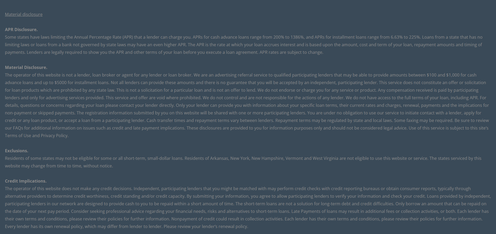 Material disclosure for payday loans in Victorville California